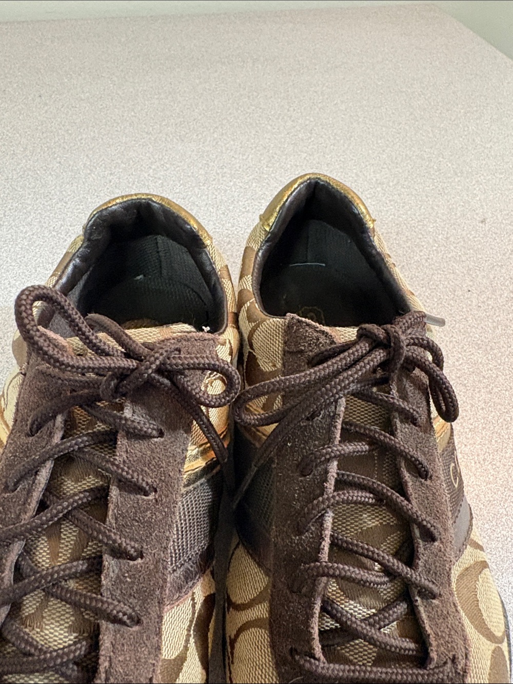 Coach Brown Monogram Logo Lace-Up Sneakers with Gold Trim - Picture 10 of 14